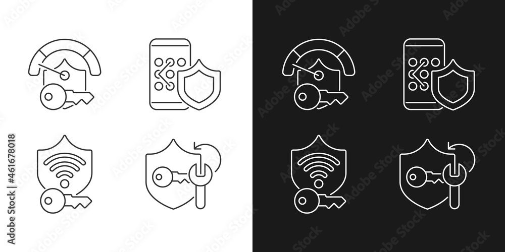 Poster system password linear icons set for dark and light mode. smartphone lock. cracker app for password 