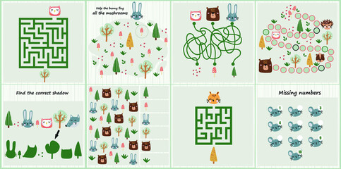 Mini games collections with forest animals for development. I spy. Maze. Colorful vector illustration in flat style. 