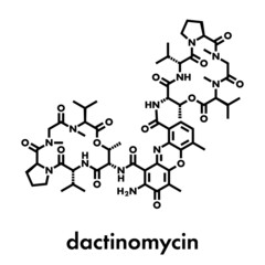 Dactinomycin (actinomycin D) cancer chemotherapy drug molecule. Skeletal formula.