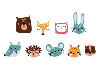 Woodland animals set. Cute fox, bear, wolf, rabbit and birds. Perfect for scrapbooking, cards, poster, tag, sticker kit. 