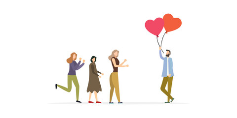 man flying on balloons, love for others, vector illustration