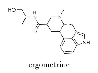 Ergometrine drug molecule. Used to prevent bleeding after childbirth (postpartum haemorrhage). Skeletal formula.