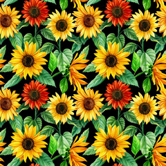 Seamless pattern with flowers of sunflowers. Watercolor Hand drawn illustration for wrapping paper, textile printing.