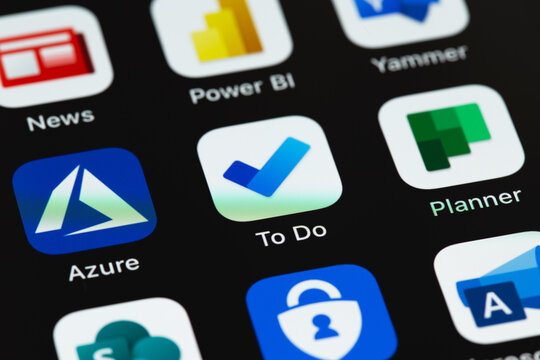 Microsoft services (To Do, Azure, Planner, Yammer, News mobile apps on screen smartphone iPhone closeup. Microsoft is an American multinational technology company. Moscow, Russia - August 10, 2021