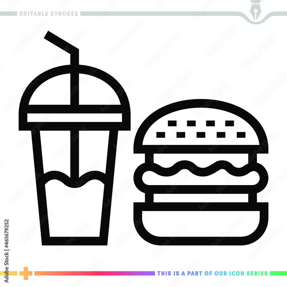 Poster editable line icon of coke and hamburger as a customizable black stroke eps vector graphic.