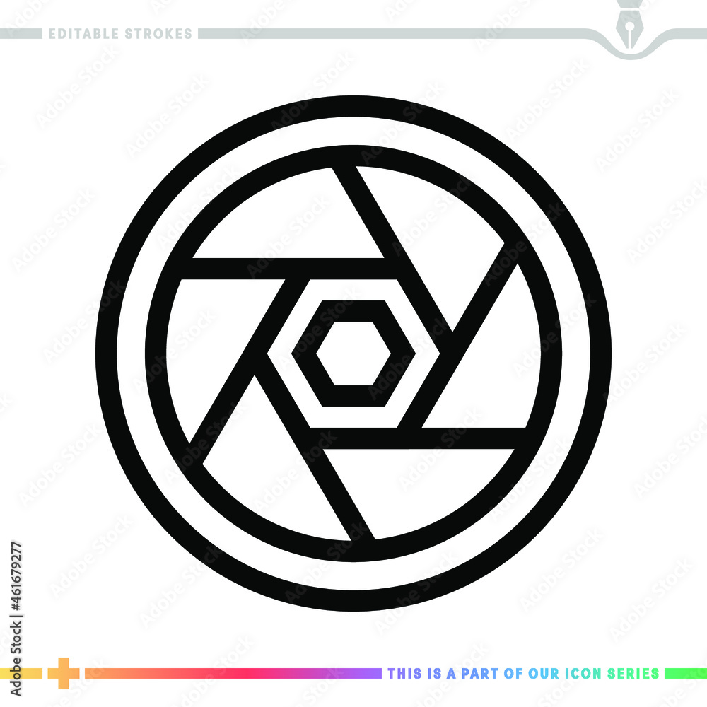 Poster editable line icon of shutter and aperture as a customizable black stroke eps vector graphic.