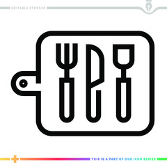 Editable line icon of fork, knife and spoon as a customizable black stroke eps vector graphic.