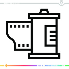 Editable line icon of analog film reel as a customizable black stroke eps vector graphic.