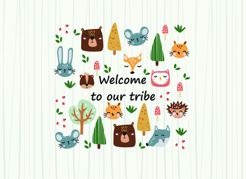 Cute background with forest animals, birds and trees in cartoon style