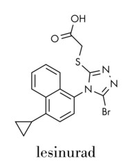 Lesinurad gout drug molecule. Skeletal formula.