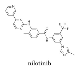 Nilotinib cancer drug molecule (tyrosine kinase inhibitor). Skeletal formula.