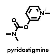 Pyridostigmine cholinesterase drug molecule. Used in treatment of myasthenia gravis and as antidote to some nerve agents. Skeletal formula.