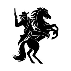 Illustration of a cowboy with a revolver riding a horse on a white background.