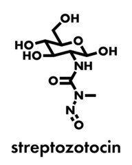 Streptozotocin cancer drug molecule. Used in treatment of metastatic cancer of the pancreatic islet cells. Skeletal formula.