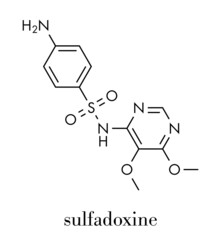 Sulfadoxine malaria drug molecule (sulfonamide class). Skeletal formula.