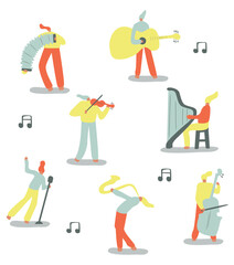 Fototapeta na wymiar Vector illustration with violinist, saxophonist, accordionist, vocalist, harper, guitarist. Cartoon character.