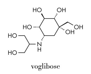 Voglibose diabetes drug molecule. Skeletal formula.