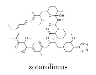 Zotarolimus immunosuppressant molecule. Used in drug-eluting coronary stents. Skeletal formula.
