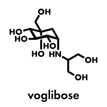 Voglibose diabetes drug molecule. Skeletal formula.