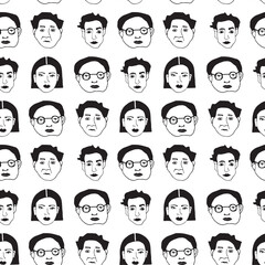 Seamless pattern. Vector illustration with doodle sketch. Linear portrait of woman, men.