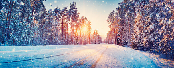 Panoramic view of the beautiful rural road in winter