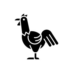 Rooster black glyph icon. Cocks husbandry. Commercial chicken raising. Growing livestock industry. Domestic landfowl. Young cockerel. Silhouette symbol on white space. Vector isolated illustration