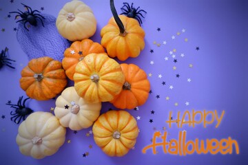 Halloween pumpkins and decoration on purple background.  Colorful Halloween background with lettering for design, frame, banner, graphics.