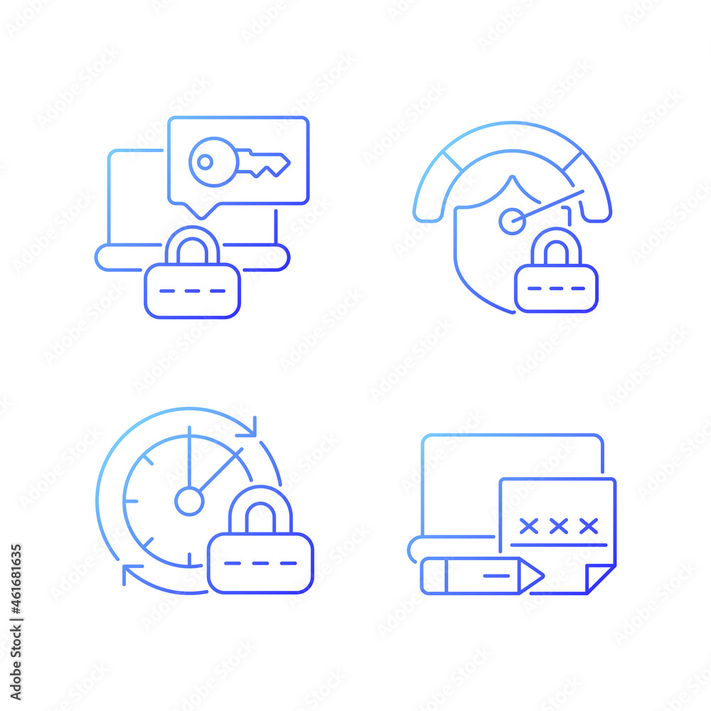 Poster laptop passwords gradient linear vector icons set. computer safety requirement. online privacy. pass