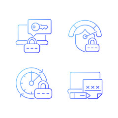 Laptop passwords gradient linear vector icons set. Computer safety requirement. Online privacy. Password management. Thin line contour symbols bundle. Isolated outline illustrations collection