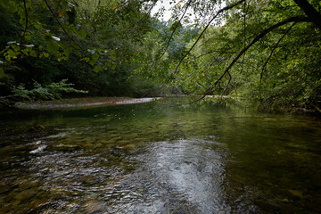 Obraz premium Senda De La Hoya De San Vicente across the Dobra River in the Ponga Natural Park in Asturias. Spain