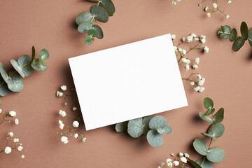 Wedding invitation or greeting card mockup with eucalyptus and white gypsophila flower on paper background.
