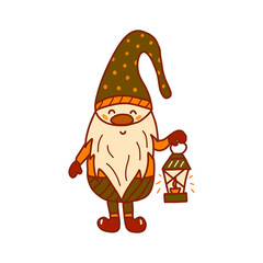 Cute little Christmas or garden gnome is holding a flashlight with burning candles. Colorful vector illustration hand drawn isolated