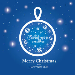 Decorative christmas ball and a merry christmas text on a blue background for greeting card.