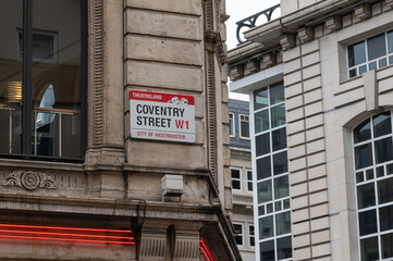 Coventry Street Theatre Land sign on a building in London