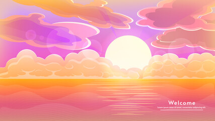 Fototapeta na wymiar Vector illustration, flat 2d cartoon style. Sunset or sunrise in ocean, nature landscape background. Evening or morning view. Pink clouds flying in sky to shining sun above sea of water surface.