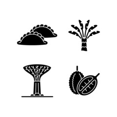 Plants in Singapore black glyph icons set on white space. Traveller palm. Supertree grove. Curry puff. Singaporean cuisine. Durian tropical fruit. Silhouette symbols. Vector isolated illustration