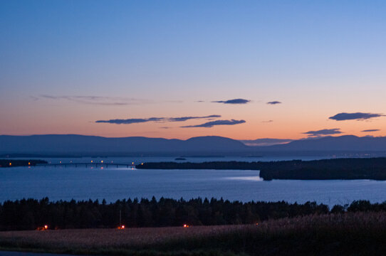 Storsjon lake and R&ouml;d&ouml;n bridge in Jamtland, Sweden seen at night