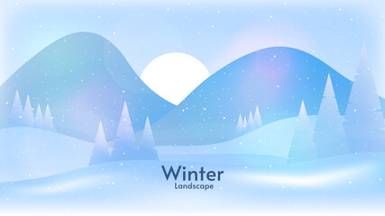 Vector illustration, flat cartoon style. Flat winter landscape.  Winter mountains landscape with pines and hills. Snowdrift. Blizzard. Snowfall. Clear blue sky with sun. Snowy weather. 