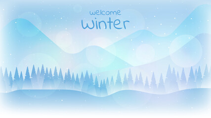 Winter vector illustration cartoon 2D style. Panoramic view. Banner template. Flat winter landscape. Snowy background. Snowdrift. Snowfall. Clear blue sky. Blizzard. Snowy weather. 
