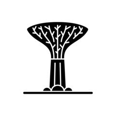 Supertree grove black glyph icon. Tree-like structure. Recognizable Singaporean attraction. Green development. Vertical garden. Silhouette symbol on white space. Vector isolated illustration