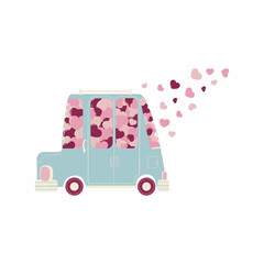Fototapeta premium Vector hand drawn illustration of cute car with pink and red hearts for Valentine's Day. Colorful automobile with flying hearts clip art in flat design? isolated on white background.