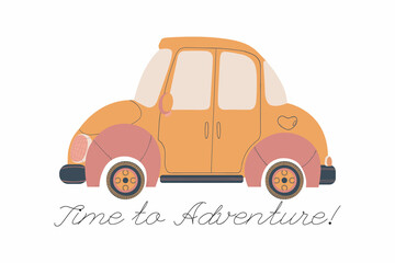 Travel by car. Vector cartoon illustration of colorful car with and slogan time to adventure. Isolated on white background clip art.