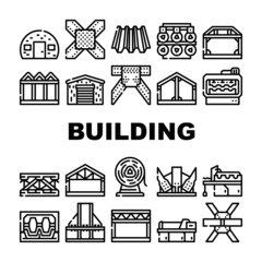 Self-framing Metallic Building Icons Set Vector. House Metal Material Frame Building And Bridge Construction, Industry Factory Production Machine And Equipment Contour Illustrations