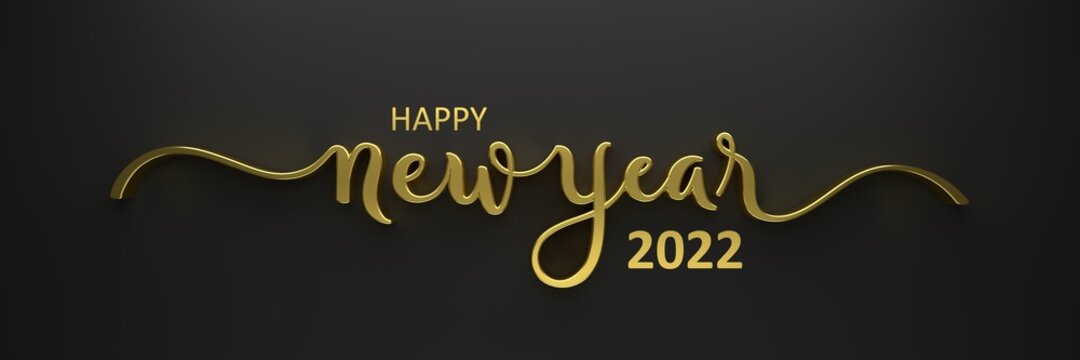 3D render of HAPPY NEW YEAR 2022 metallic gold brush calligraphy on black background