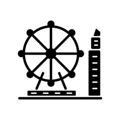 Singapore flyer black glyph icon. Large observation wheel. Amusement ride. Theme park. Ferris wheel. Tourist attraction in Singapore. Silhouette symbol on white space. Vector isolated illustration