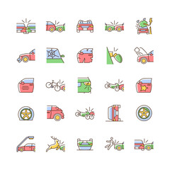 Car accident types RGB color icons set. Road traffic crashes. Distracted driving. Property damage. Risk for serious injury. Isolated vector illustrations. Simple filled line drawings collection