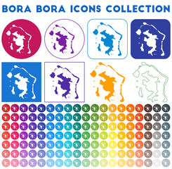 Fototapeta na wymiar Bora Bora icons collection. Bright colourful trendy map icons. Modern Bora Bora badge with island map. Vector illustration.
