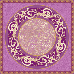 Purple shawl with Art Nouveau floral border pattern, leopard skin, iris flower line doodle, golden Baroque chain. 3 pattern brushes in the brush palette 