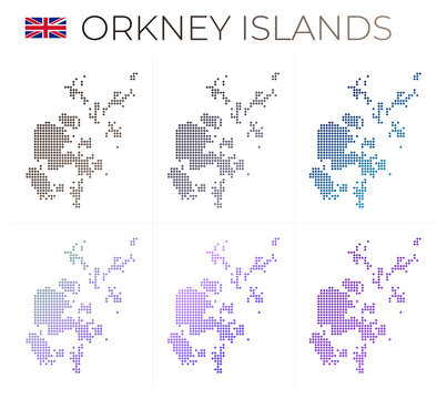Orkney Islands dotted map set. Map of Orkney Islands in dotted style. Borders of the island filled with beautiful smooth gradient circles. Creative vector illustration.