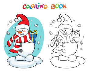Coloring book or page, illustration. Vector card concept - Cute snowmen set for children coloring with a winter holiday theme